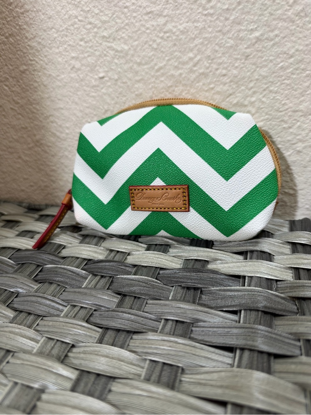 Dooney & Bourke Green and White Chevron Cosmetic Pouch